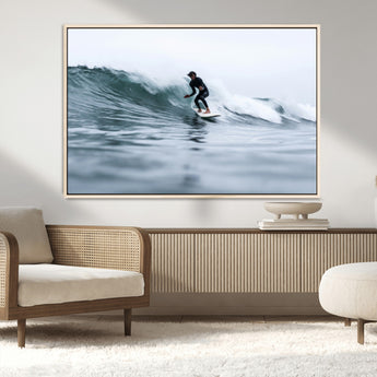 11693607-MGV-FC-36X24_Natural-Surfer on Wave Wall Art Canvas Print, Framed Ocean Adventure Art Picture Print, Motion Blur Water Perfect Coastal Adventure Decor
