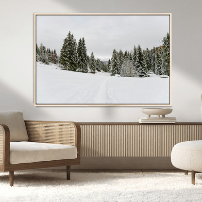 24581417-MGV-FC-36X24_Natural-Frosty Pines Wall Art Canvas Print, Framed Silent Snowfall Art Picture Print, Cozy Cabin Vibes Perfect Nordic Minimalist Decor