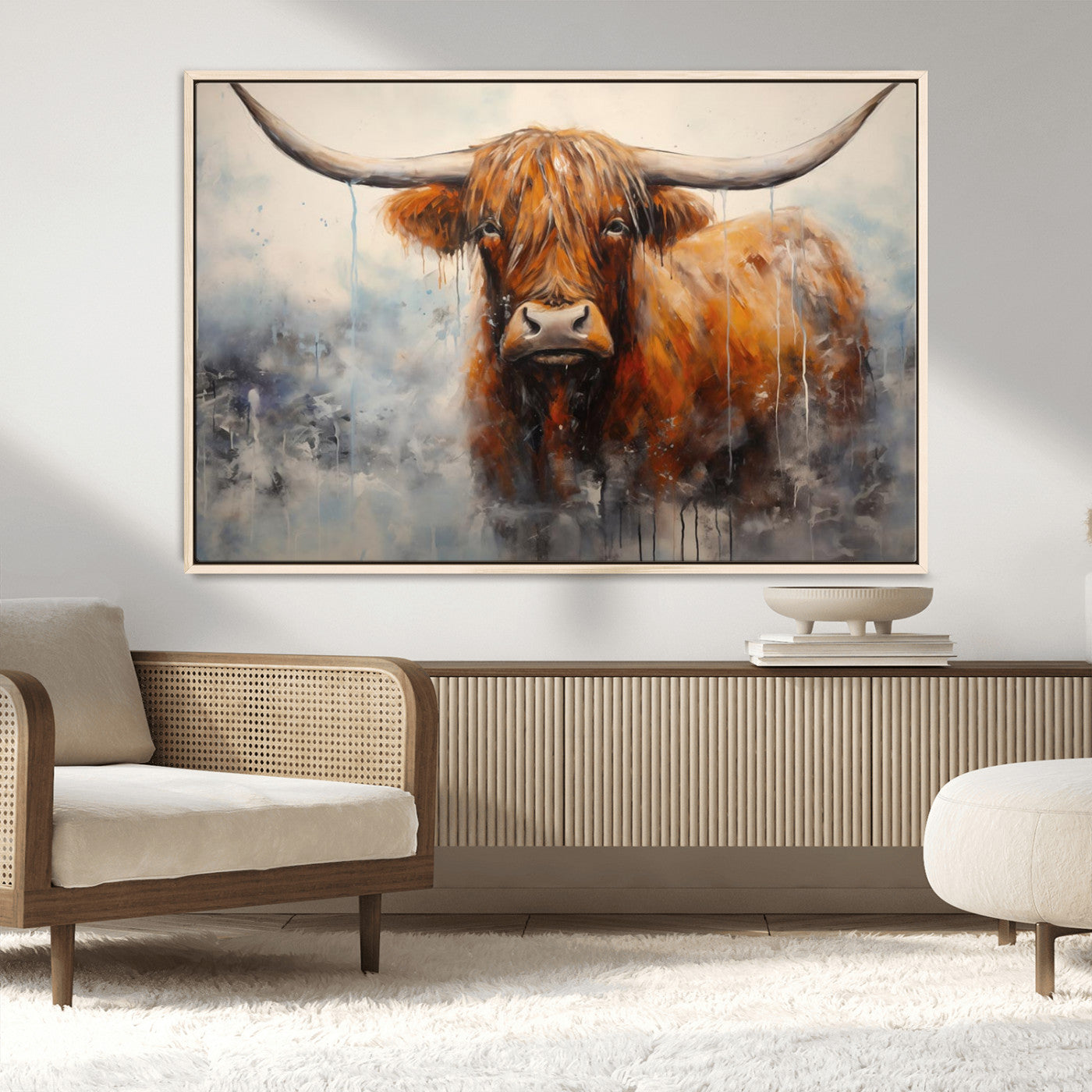 X61001-MGV-CV-36X24-Scottish Highland Wall Art Canvas Print, Framed Longhorn Art Picture Print, Western Cow Perfect Farmhouse Decor Artwork