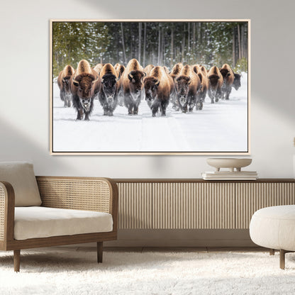 96906195-MGV-CV-36X24-Bison Herd Wall Art – American Buffalo Wildlife Photography Canvas Print, Winter Snow Scene Western Nature Decor for Living Room,