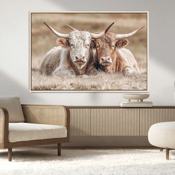 38651722-MGV-CV-36X24-Cow Wall Art – Rustic Longhorn Pair Canvas Print, Western Farmhouse Animal Painting, Country Ranch Decor for Living Room, Bedroom,