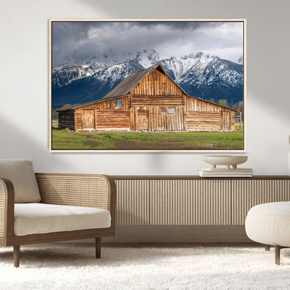 15173627-MGV-CV-36X24-Barn Wall Art – Rustic Wooden Cabin Canvas Print with Snowy Mountain Landscape, Western Farmhouse Country Decor for Living Room,