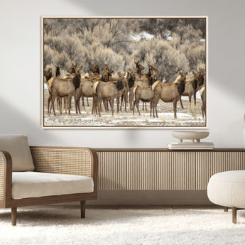 93076148-MGV-CV-36X24-Elk Herd Wall Art – Wildlife Canvas Print of Elk in Winter Landscape, Rustic Western Cabin & Lodge Décor, Nature Photography for