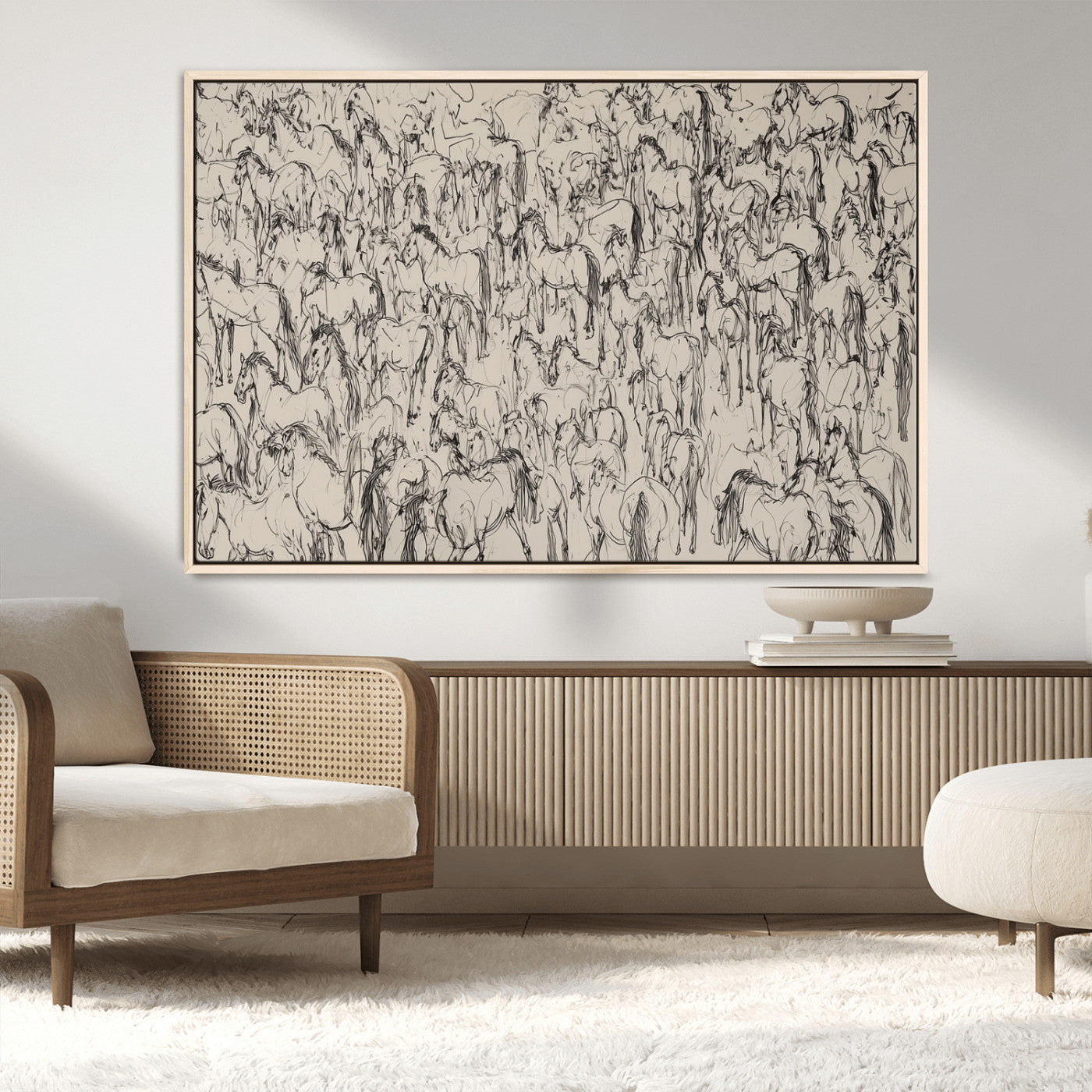 12358908-MGV-FC-36X24_Natural-Horse Herd Sketch Wall Art – Abstract Wild Horses Line Drawing Canvas Print, Rustic Western Style Equestrian Decor for Living