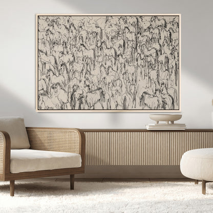 12358908-MGV-FC-36X24_Natural-Horse Herd Sketch Wall Art – Abstract Wild Horses Line Drawing Canvas Print, Rustic Western Style Equestrian Decor for Living