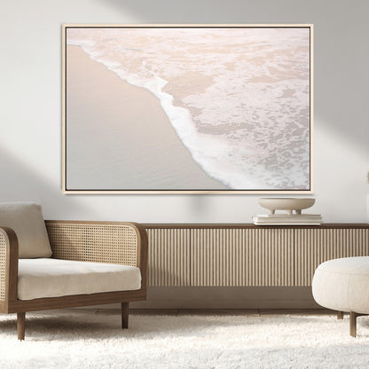 28414510-MGV-CV-36X24-Ocean Shoreline Wall Art – Minimal Coastal Beach Canvas Print, Soft Sea Foam and Sand Photography Artwork, Relaxing Nautical Decor