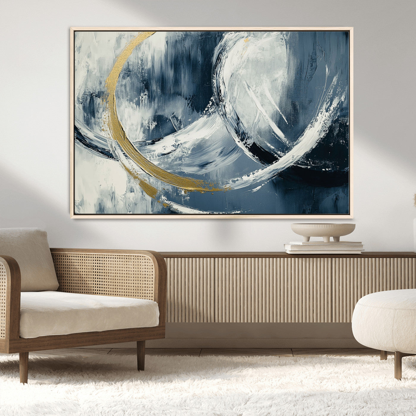 97295757-MGV-CV-36X24-Abstract Blue and Gold Wall Art – Modern Luxury Canvas Print, Navy White Brushstroke Painting, Contemporary Living Room Office