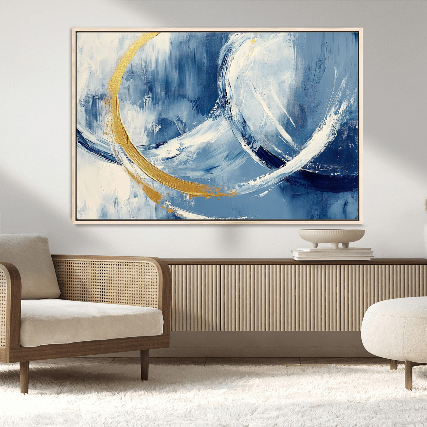 42475677-MGV-CV-36X24-Blue and Gold Abstract Wall Art – Modern Luxury Canvas Print, Navy White Brushstroke Painting, Contemporary Home Office Living