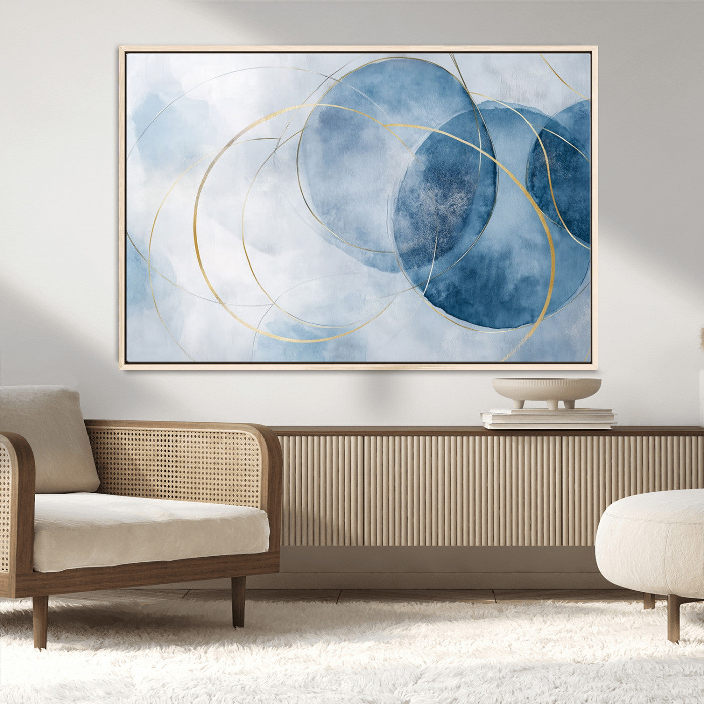 47060443-MGV-CV-36X24-Blue Abstract Circle Wall Art – Modern Gold and Navy Canvas Print, Minimalist Geometric Painting for Living Room, Bedroom, Office
