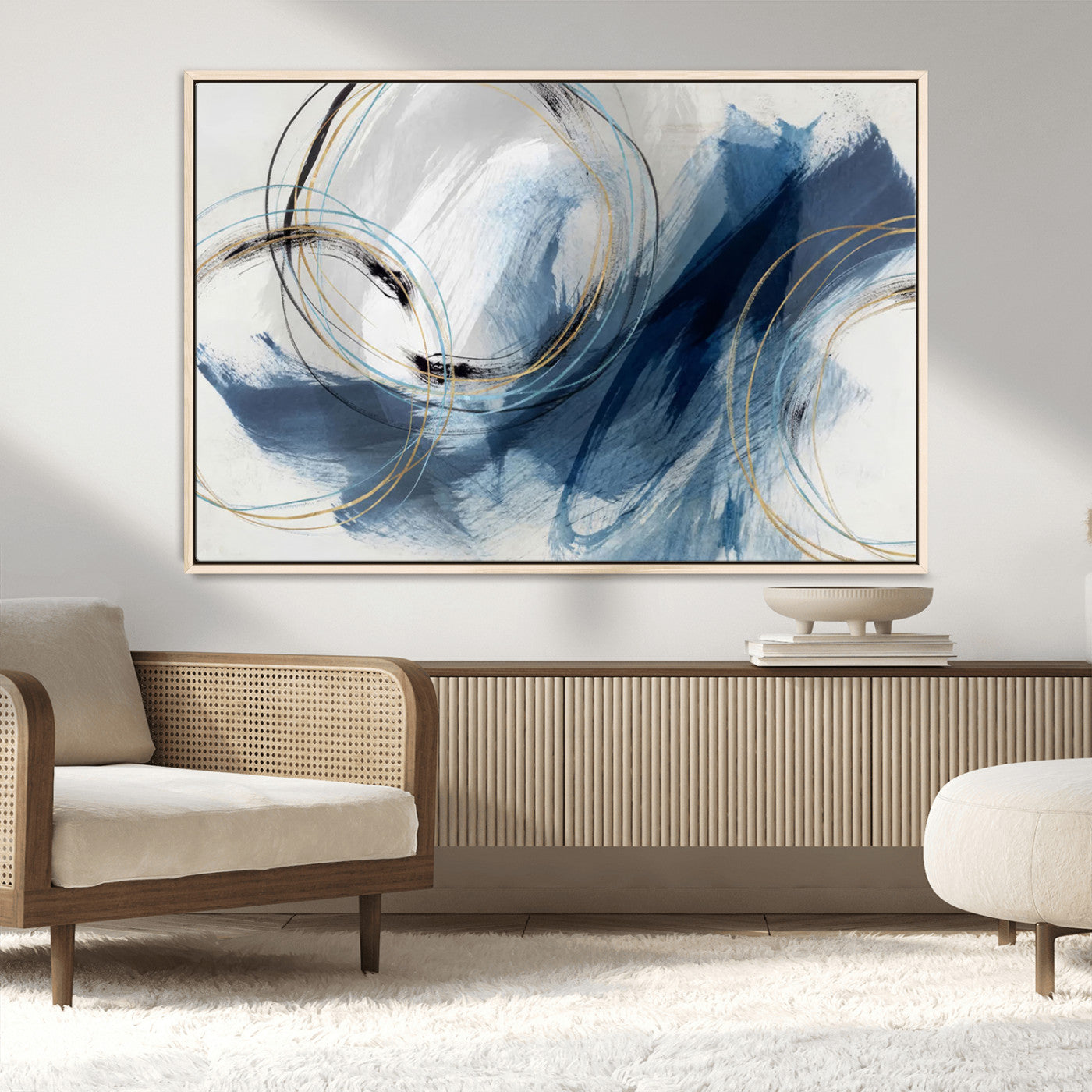 49589477-MGV-CV-36X24-Blue Abstract Wall Art – Modern Circle Canvas Print with Gold and Black Accents, Contemporary Fluid Brushstroke Painting for