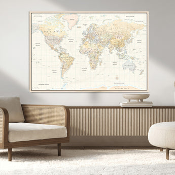 40660043-MGV-CV-36X24-World Map Wall Art – Large Detailed Atlas Style Map Print with Countries, Cities, and Oceans, Neutral Beige and Tan Educational