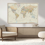 41929777-MGV-CV-36X24-World Map Wall Art – Large Detailed Political Atlas Style Map Print with Countries, Cities, and Oceans, Warm Earth Tone