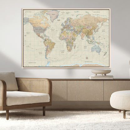 41929777-MGV-CV-36X24-World Map Wall Art – Large Detailed Political Atlas Style Map Print with Countries, Cities, and Oceans, Warm Earth Tone