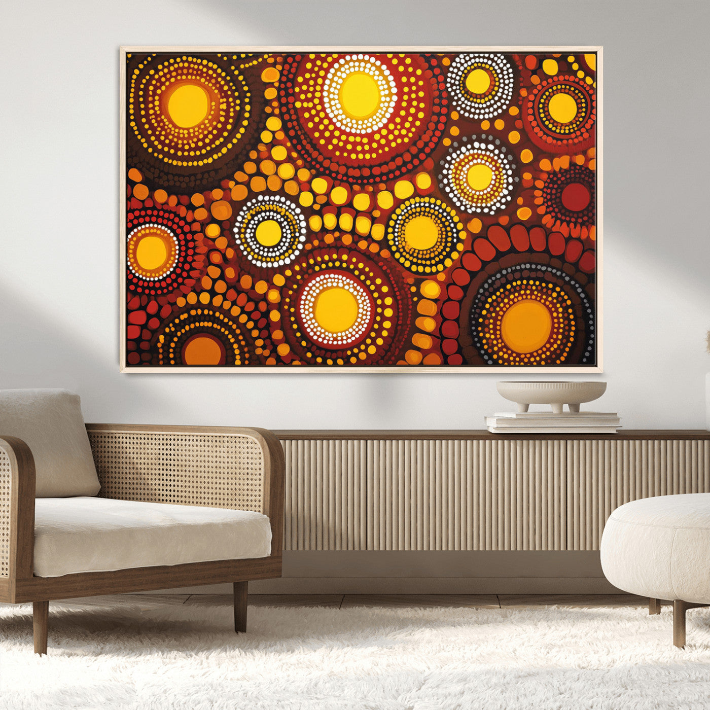 81120549-MGV-CV-36X24-Abstract Dot Painting Wall Art – Vibrant Tribal Boho Style Canvas Print with Sunburst Mandala Circles in Warm Red, Yellow, Orange