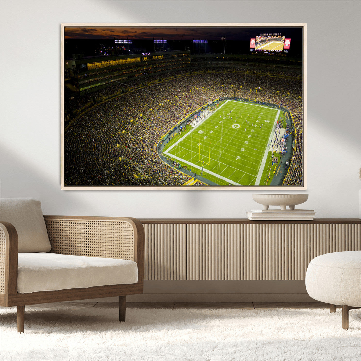 23655234-MGV-CV-36X24-Lambeau Field Stadium Wall Art – American Football Night Game Canvas Print with Packed Crowd and Lights – Sports Decor for Man
