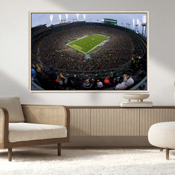 14387817-MGV-CV-36X24-Lambeau Field Stadium Wall Art – Green Bay Packers Game Day Canvas Print with Fireworks and Crowd – NFL Football Fan Man Cave