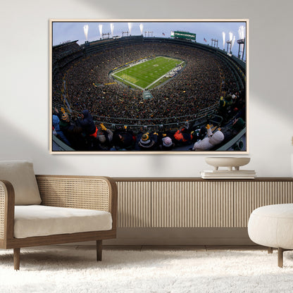 14387817-MGV-CV-36X24-Lambeau Field Stadium Wall Art – Green Bay Packers Game Day Canvas Print with Fireworks and Crowd – NFL Football Fan Man Cave