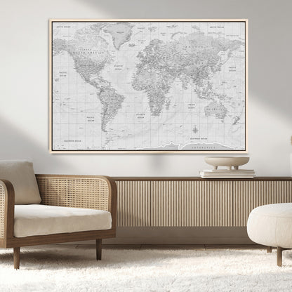 10516725-MGV-CV-36X24-Black and White World Map Wall Art – Minimalist Grayscale Canvas Print – Modern Detailed Travel Map Poster for Home, Office, or
