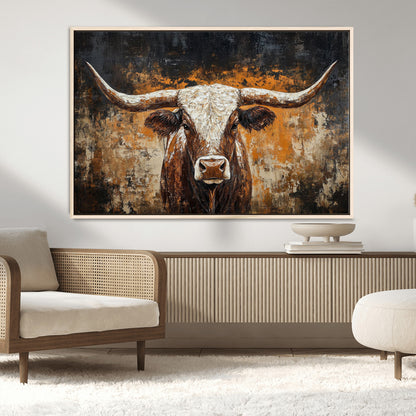 25265572-MGV-CV-36X24-Longhorn Bull Wall Art – Rustic Western Texas Steer Canvas Print, Textured Animal Painting for Home, Office, Man Cave or Farmhouse