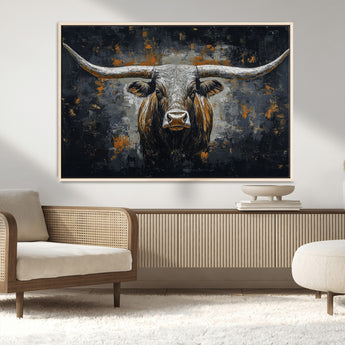 93195031-MGV-CV-36X24-Dark Longhorn Bull Wall Art – Western Steer Canvas Print, Moody Rustic Animal Painting for Man Cave, Ranch House, Office or Modern