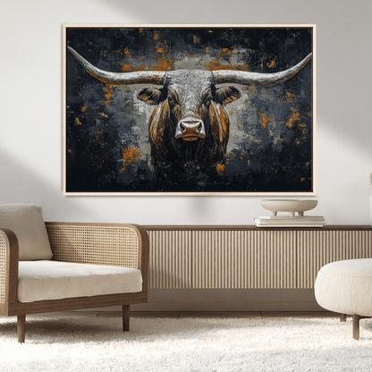 93195031-MGV-CV-36X24-Dark Longhorn Bull Wall Art – Western Steer Canvas Print, Moody Rustic Animal Painting for Man Cave, Ranch House, Office or Modern