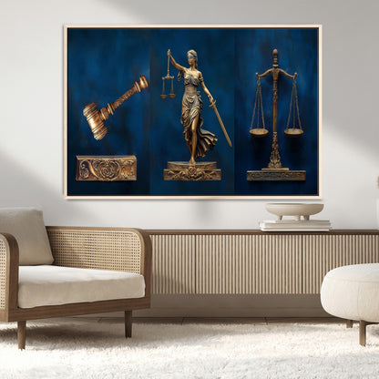 91629053-MGV-CV-36X24-Lady Justice Wall Art – Golden Gavel and Scales Canvas Print, Elegant Legal Office Decor for Lawyers, Judges, Courtroom or Study