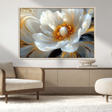 39604126-MGV-CV-36X24-Abstract Flower Wall Art – Elegant White and Gold Bloom Canvas Print, Modern Floral Artwork for Bedroom, Living Room, or Office