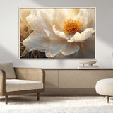 29539087-MGV-CV-36X24-Floral Wall Art – Elegant White and Gold Bloom Canvas Print, Romantic Modern Flower Artwork for Bedroom, Living Room, or Office