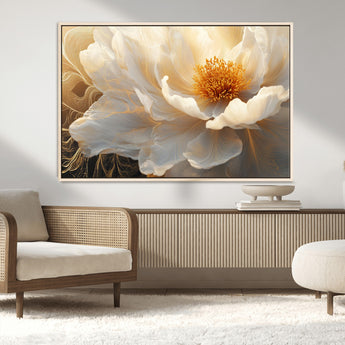 29539087-MGV-CV-36X24-Floral Wall Art – Elegant White and Gold Bloom Canvas Print, Romantic Modern Flower Artwork for Bedroom, Living Room, or Office