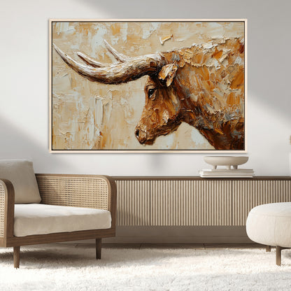 69611428-MGV-CV-36X24-Longhorn Bull Wall Art – Rustic Western Canvas Print, Textured Farmhouse Cattle Painting for Living Room, Office, or Ranch House