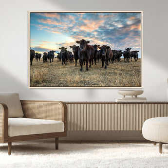 13867292-MGV-CV-36X24-Black Cattle Wall Art – Rustic Ranch Herd Canvas Print, Western Farmhouse Country Landscape Decor for Living Room, Office, or