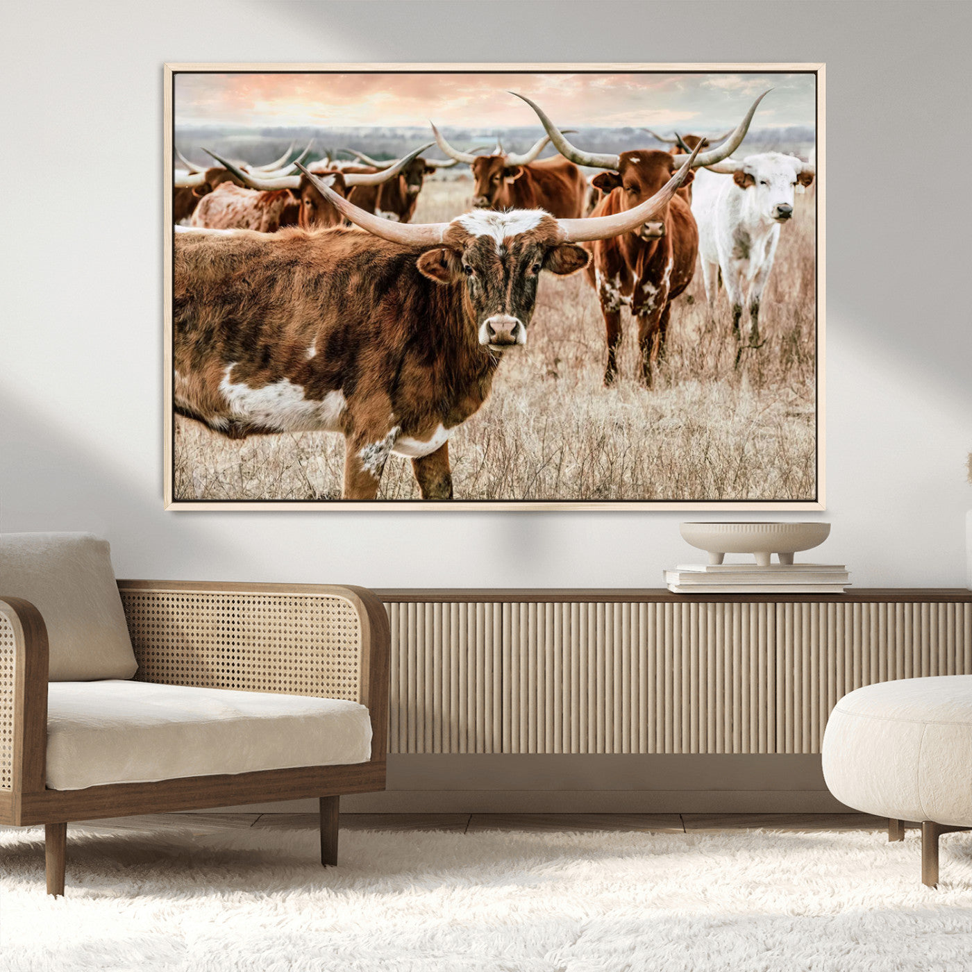 47758300-MGV-CV-36X24-Texas Longhorn Cattle Wall Art – Rustic Western Herd Canvas Print, Cowboy Ranch Farmhouse Decor for Living Room, Office, or