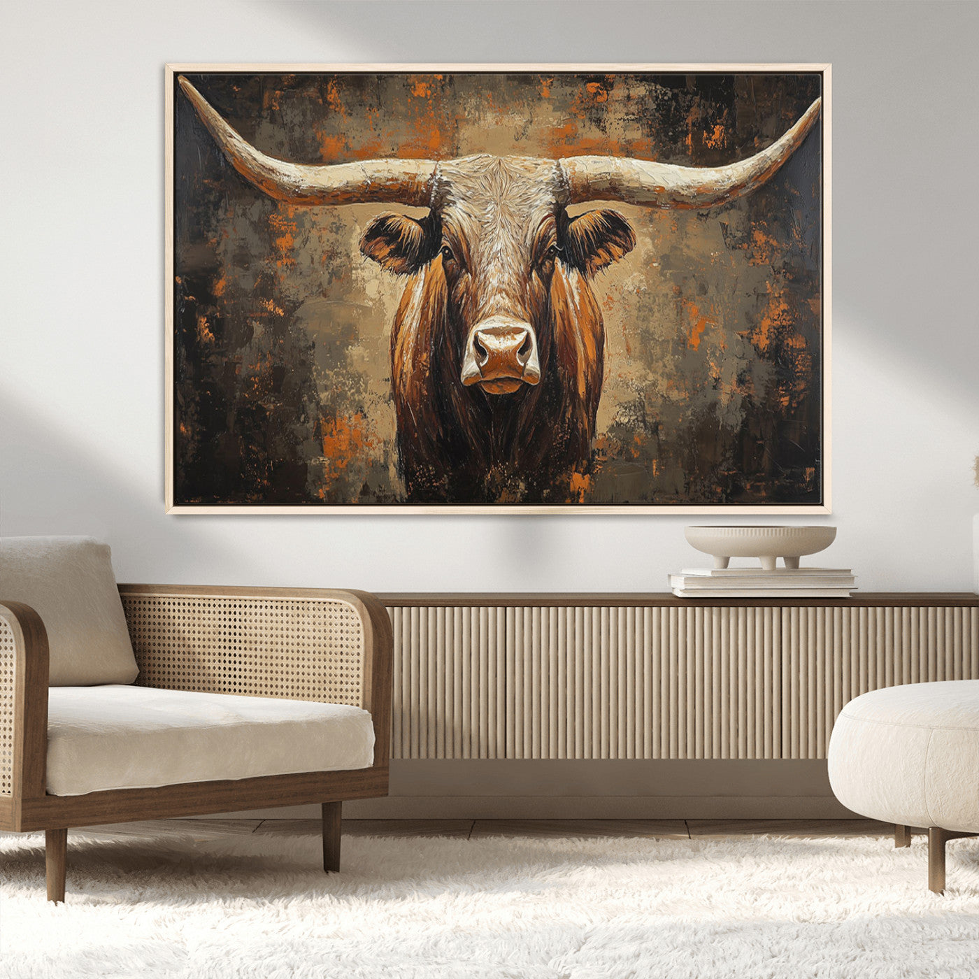 19204445-MGV-CV-36X24-Texas Longhorn Bull Wall Art – Rustic Western Canvas Print, Bold Cowboy Cattle Painting for Ranch House, Farmhouse, Office, or