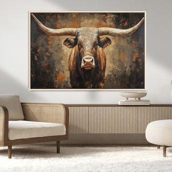 19204445-MGV-CV-36X24-Texas Longhorn Bull Wall Art – Rustic Western Canvas Print, Bold Cowboy Cattle Painting for Ranch House, Farmhouse, Office, or