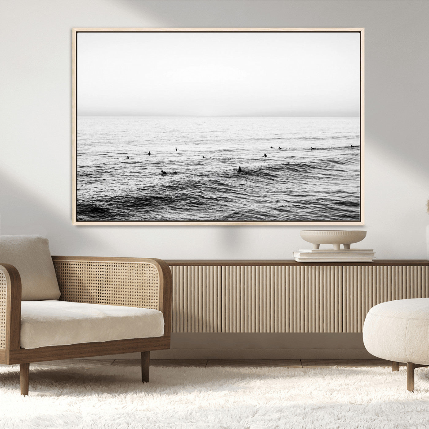 47208268-MGV-CV-36X24-Surfer Ocean Wall Art – Black and White Coastal Canvas Print, Minimalist Surfing Seascape Decor for Living Room, Bedroom, or Beach
