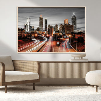 59097239-MGV-CV-36X24-City Skyline Wall Art – Modern Black and White Night Canvas Print with Red Light Trails, Urban Landscape Decor for Living Room or