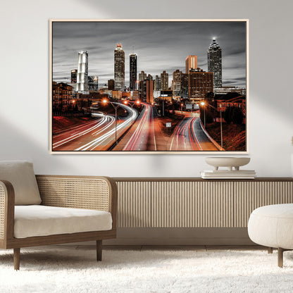 59097239-MGV-CV-36X24-City Skyline Wall Art – Modern Black and White Night Canvas Print with Red Light Trails, Urban Landscape Decor for Living Room or