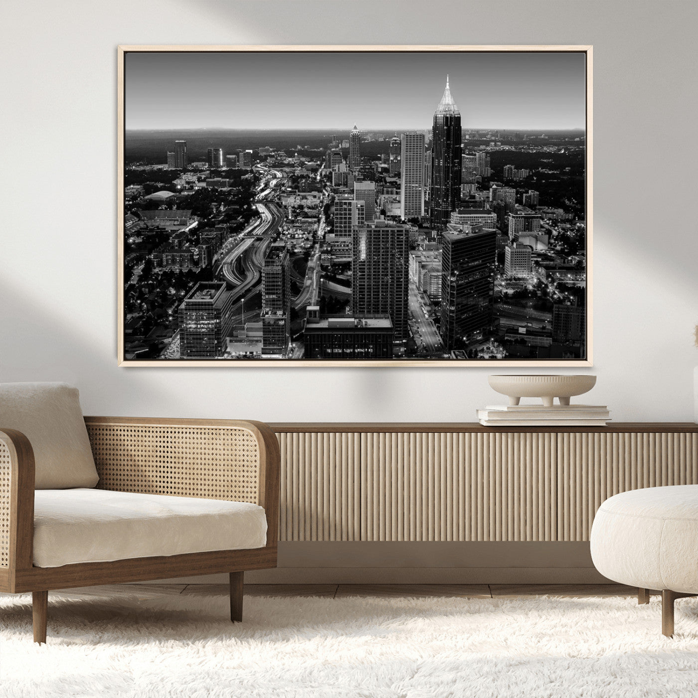 46578567-MGV-FC-36X24_Natural-Atlanta Skyline Wall Art – Black and White Cityscape Canvas Print, Modern Urban Night Decor for Office, Living Room, or Apartment