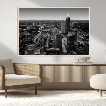 46578567-MGV-FC-36X24_Natural-Atlanta Skyline Wall Art – Black and White Cityscape Canvas Print, Modern Urban Night Decor for Office, Living Room, or Apartment