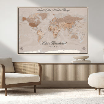 95243244-MGV-CV-36X24-Wander Often Wonder Always World Map Wall Art – Neutral Beige Adventure Canvas Print, Rustic Boho Travel Decor for Bedroom, Living