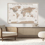 63516865-MGV-CV-36X24-Explore Dream Discover World Map Wall Art – Inspirational Travel Adventure Canvas Print, Neutral Parchment Style Explorer Decor