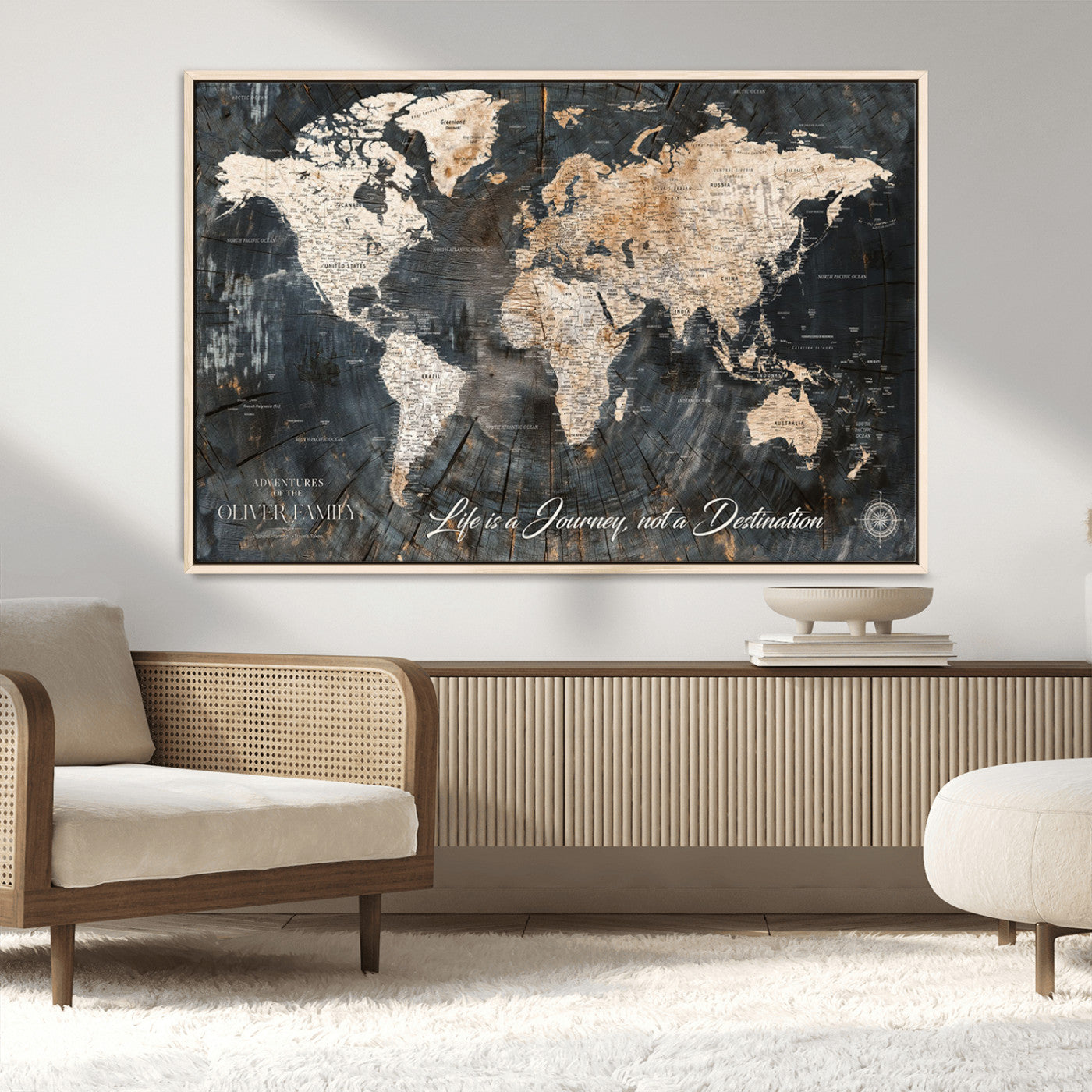 37848568-MGV-CV-36X24-Life is a Journey Not a Destination World Map Rustic Wood Texture Vintage Beige Navy Adventure Wall Art Canvas Print for Home