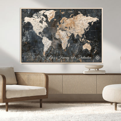 37848568-MGV-CV-36X24-Life is a Journey Not a Destination World Map Rustic Wood Texture Vintage Beige Navy Adventure Wall Art Canvas Print for Home