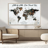 88337180-MGV-CV-36X24-Little by Little One Travels Far Tolkien Quote World Map Rustic Black Brown Adventure Wall Art Canvas Print for Home Office Living