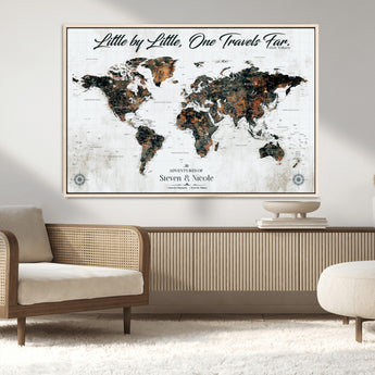 88337180-MGV-CV-36X24-Little by Little One Travels Far Tolkien Quote World Map Rustic Black Brown Adventure Wall Art Canvas Print for Home Office Living