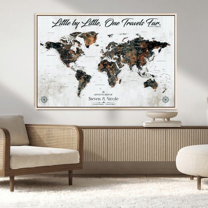 88337180-MGV-CV-36X24-Little by Little One Travels Far Tolkien Quote World Map Rustic Black Brown Adventure Wall Art Canvas Print for Home Office Living