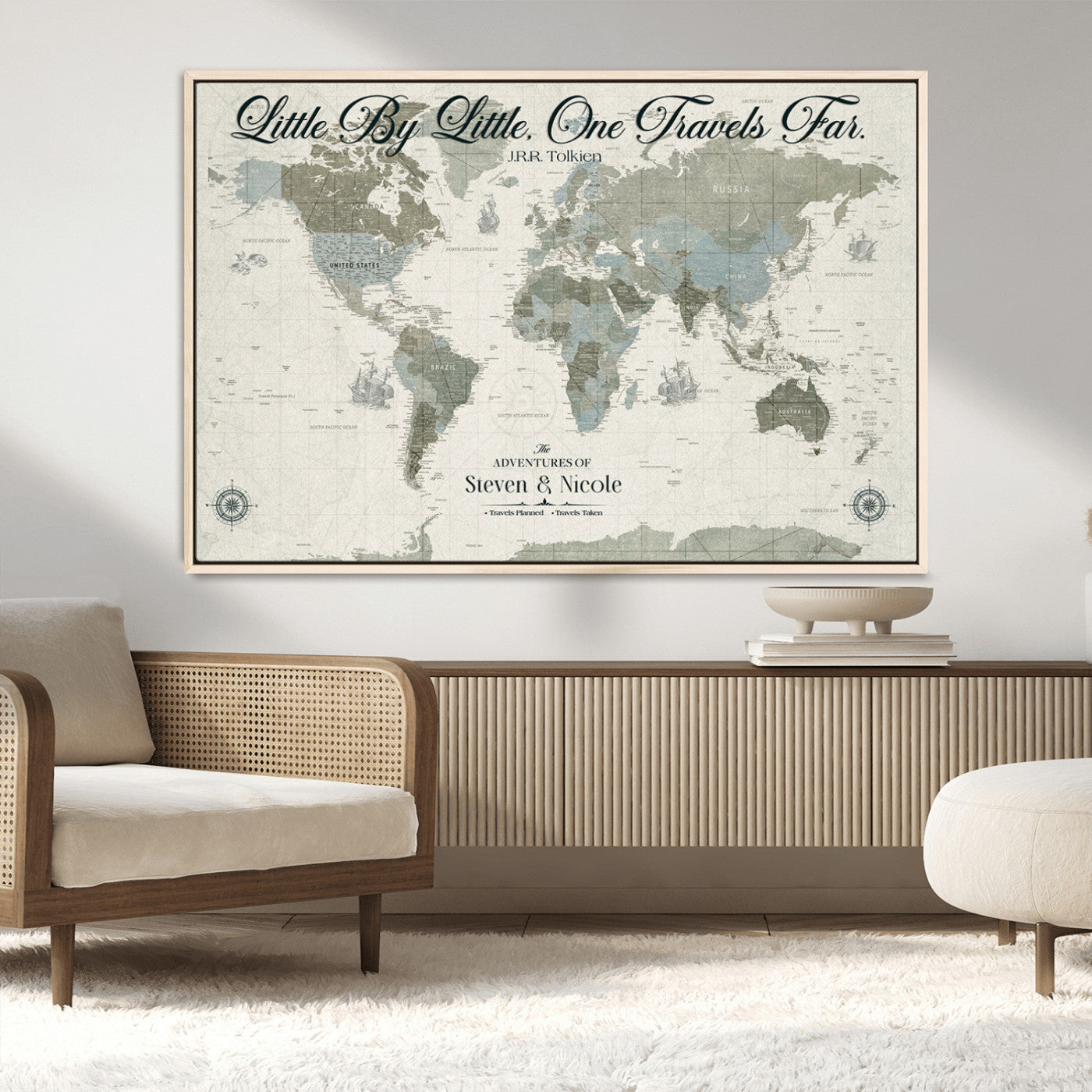 10693204-MGV-CV-36X24-Little By Little One Travels Far Tolkien Quote Blue Green World Map Adventure Wall Art Canvas Print Rustic Wanderlust Travel Decor