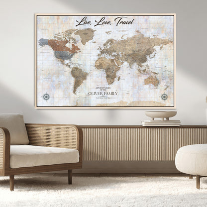 43924907-MGV-CV-36X24-Live Love Travel Wall Art – Neutral World Map Canvas Print, Rustic Adventure Decor for Home, Office or Living Room, Unique Gift