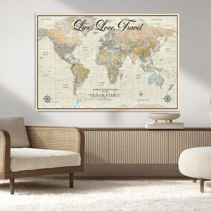 19479008-MGV-CV-36X24-Live Love Travel Wall Art – Detailed World Map Canvas Print, Adventure Decor for Living Room, Office or Bedroom, Travel Gift for