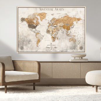 99422096-MGV-CV-36X24-Adventure Awaits World Map Wall Art – Neutral Beige Canvas Print, Modern Travel Inspired Wall Decor for Living Room, Bedroom or